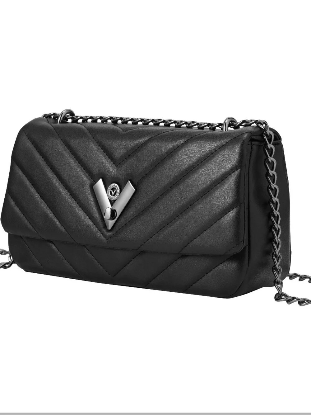 NWT Valentino Orlandi Capricorn Crossbody Bag, Black w/ Gunmetal Quilted Chevron - Picture 2 of 3